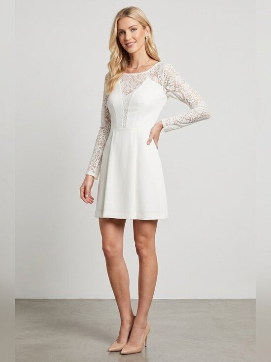 Gianni Bini Dresses & Skirts - Gianni Bini Scoop Neck Lace Long Sleeve Pleated Dress Ivory Size 4